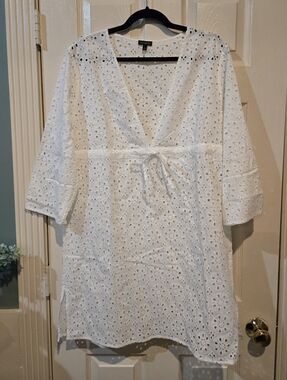 Talbots White Eyelet Swim Cover Up Large 100% Cotton Boho Coastal Beach Resort